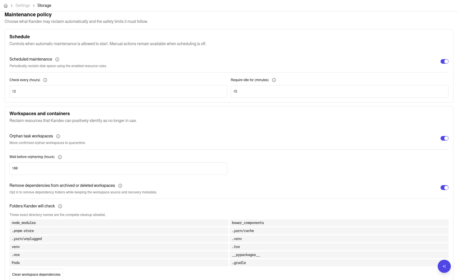 Settings > System > Storage showing the maintenance policy, schedule, workspace cleanup, and folder allowlist.